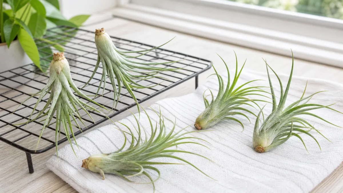 Air plants drying in open airflow after watering