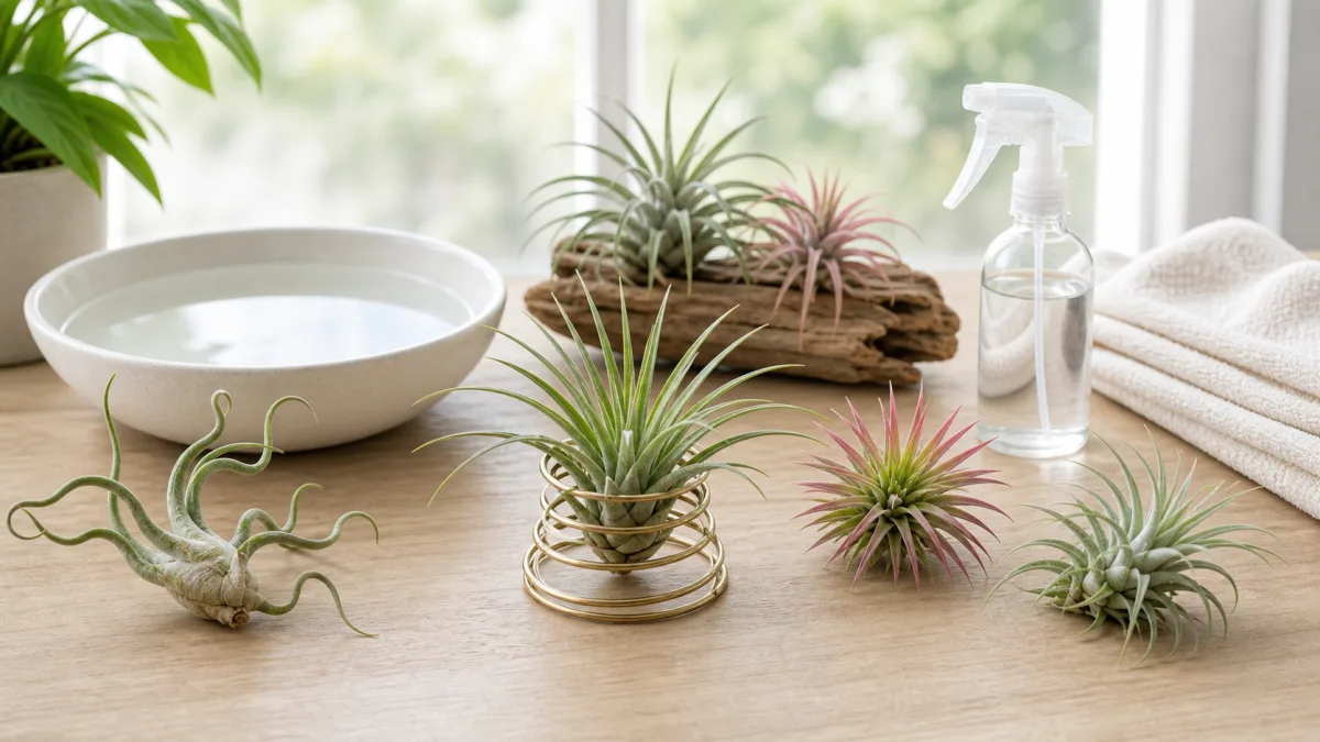 Air plants arranged in an open bright display before vacation care