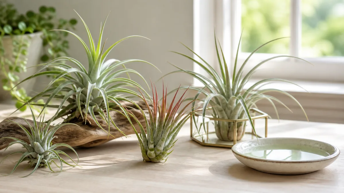 Healthy air plants arranged on a bright tabletop with an open holder and water dish
