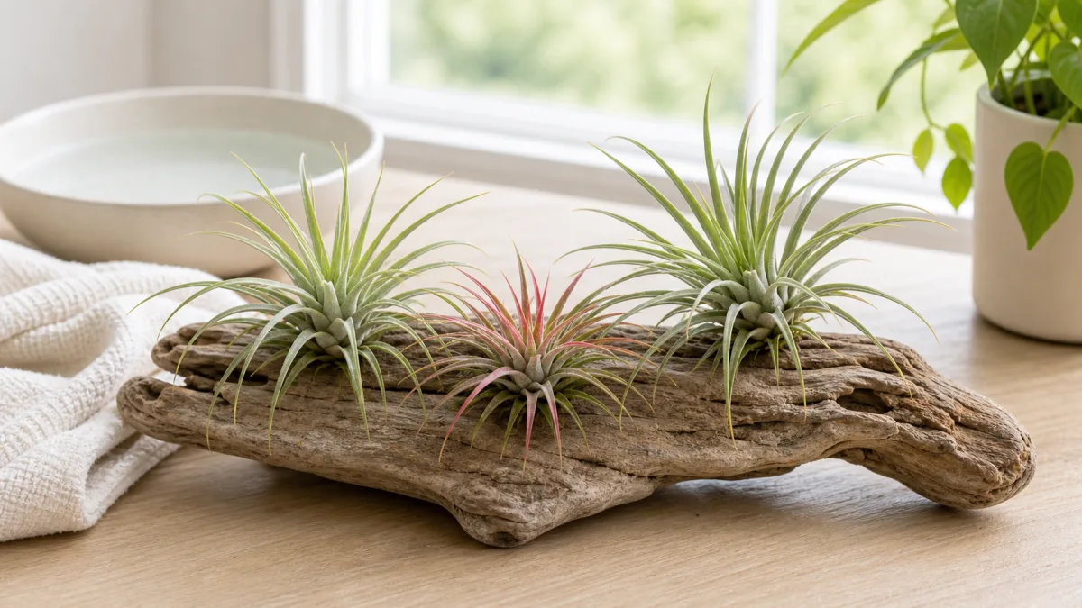 Air plants in bright filtered summer light near an open display