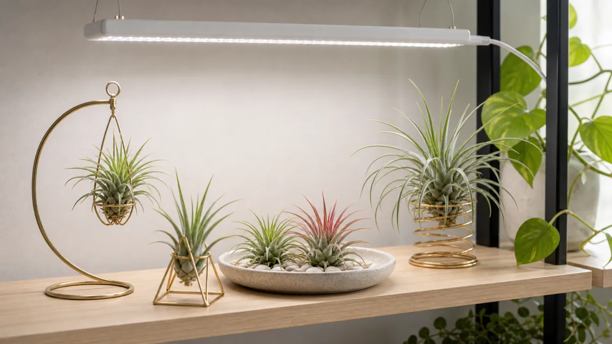 Air plants in bright winter window light away from cold glass