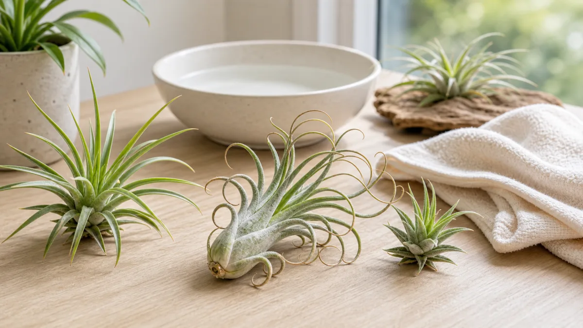 Curled air plant beside healthier open-leaf plants and a towel