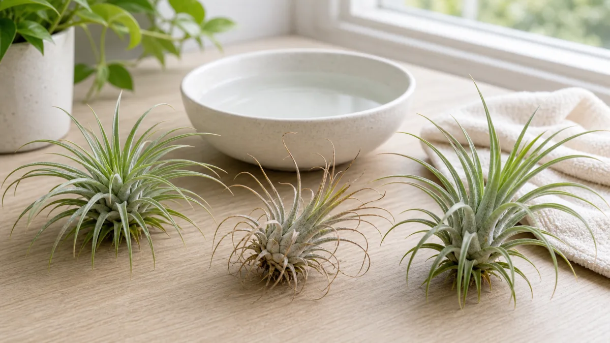 Drying air plant compared with healthy air plants near a water bowl