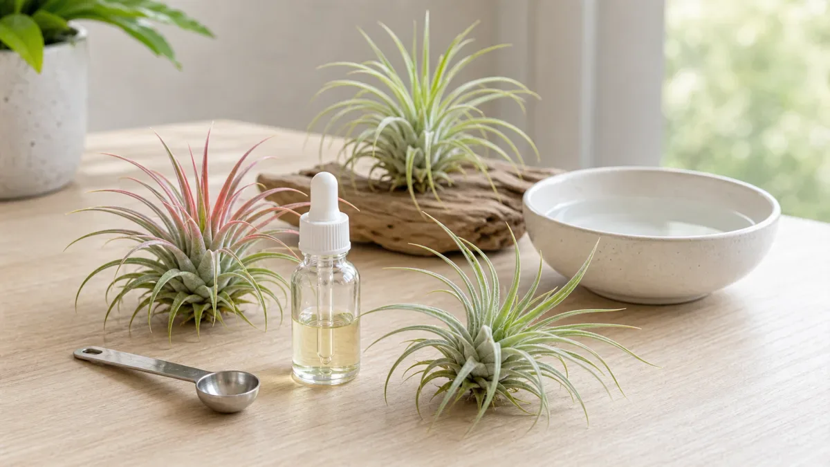 Air plants beside an unlabeled dropper bottle, measuring spoon, and water bowl