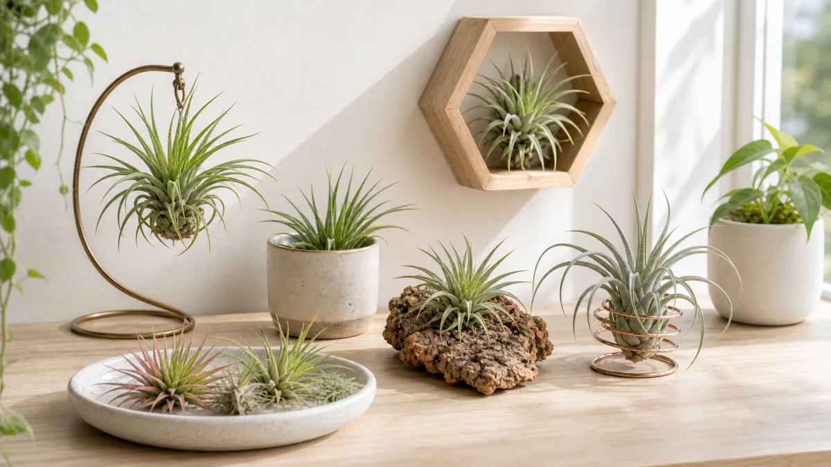 Air plants displayed in open holders, cork bark, dishes, and wall cups