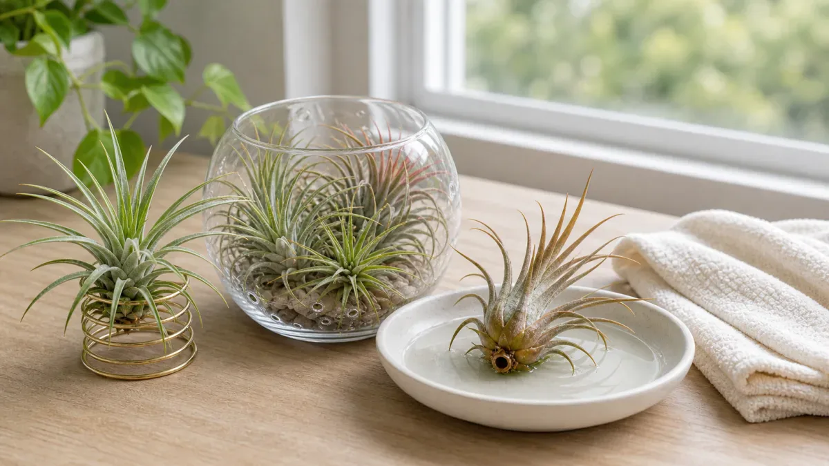 Air plant care inspection setup with open holders, water, towel, and comparison plants