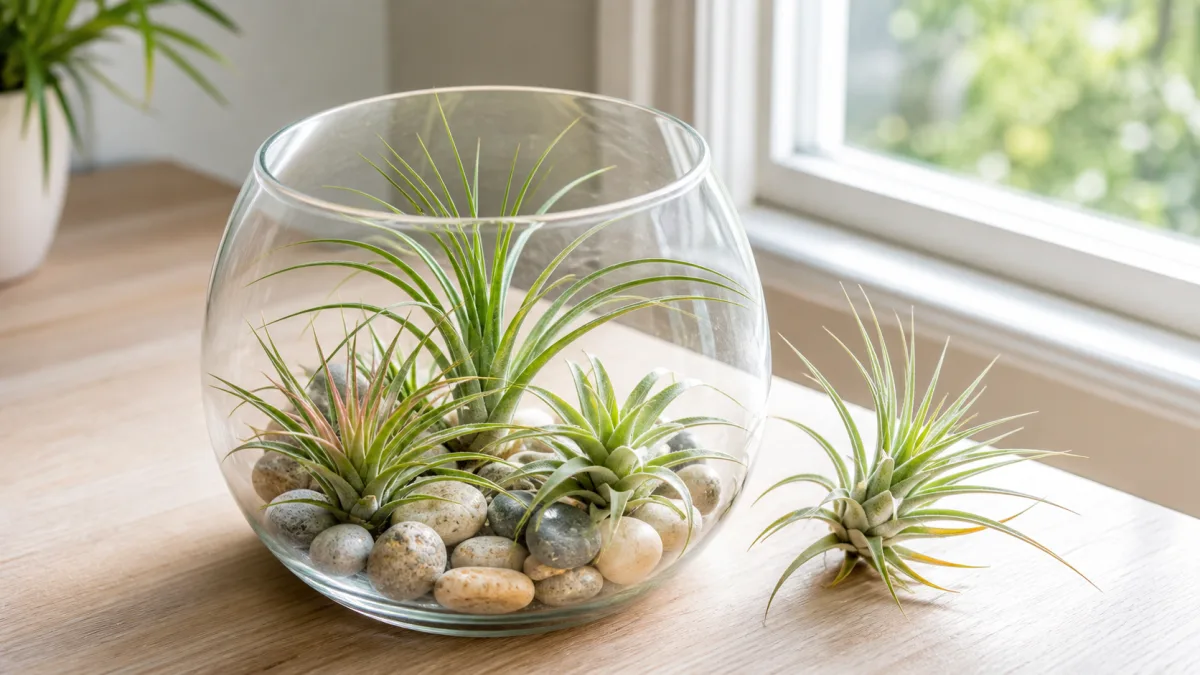 Air plants in an open glass terrarium with dry stones near a bright window