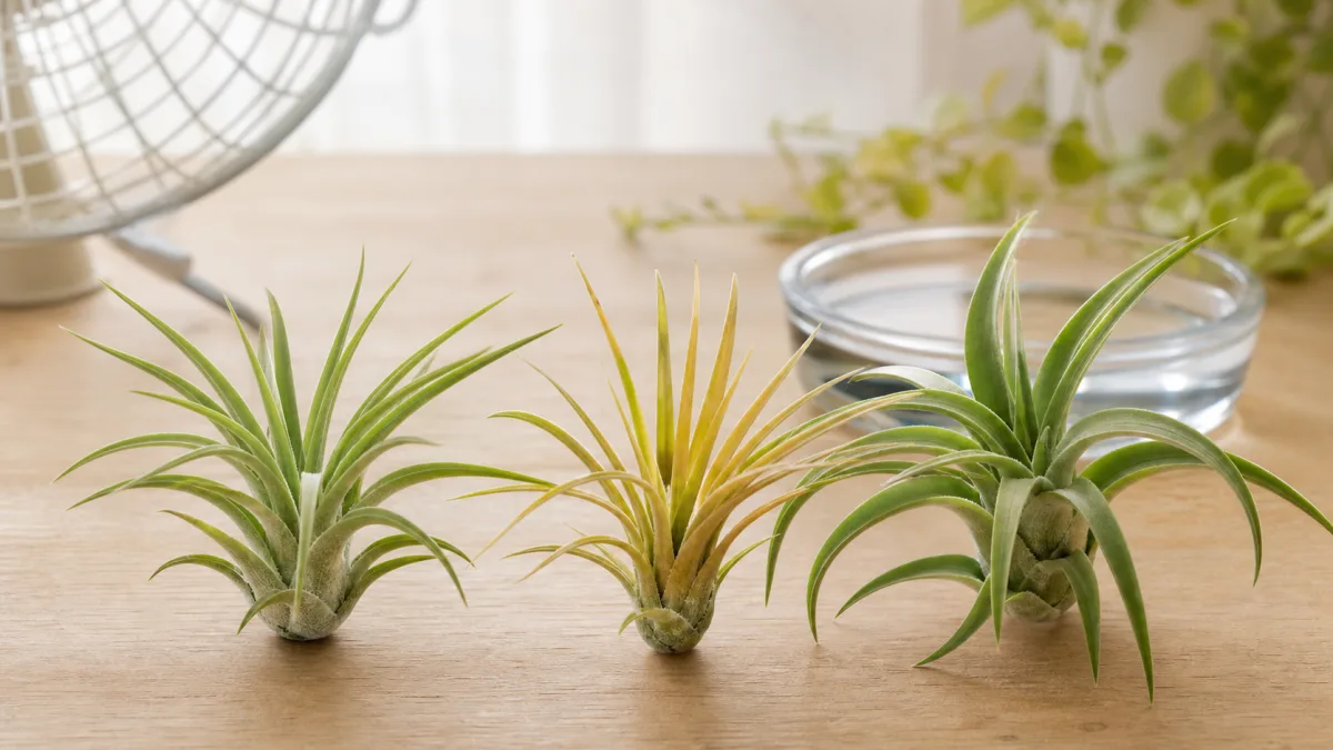Yellowing air plant compared with two healthy green air plants