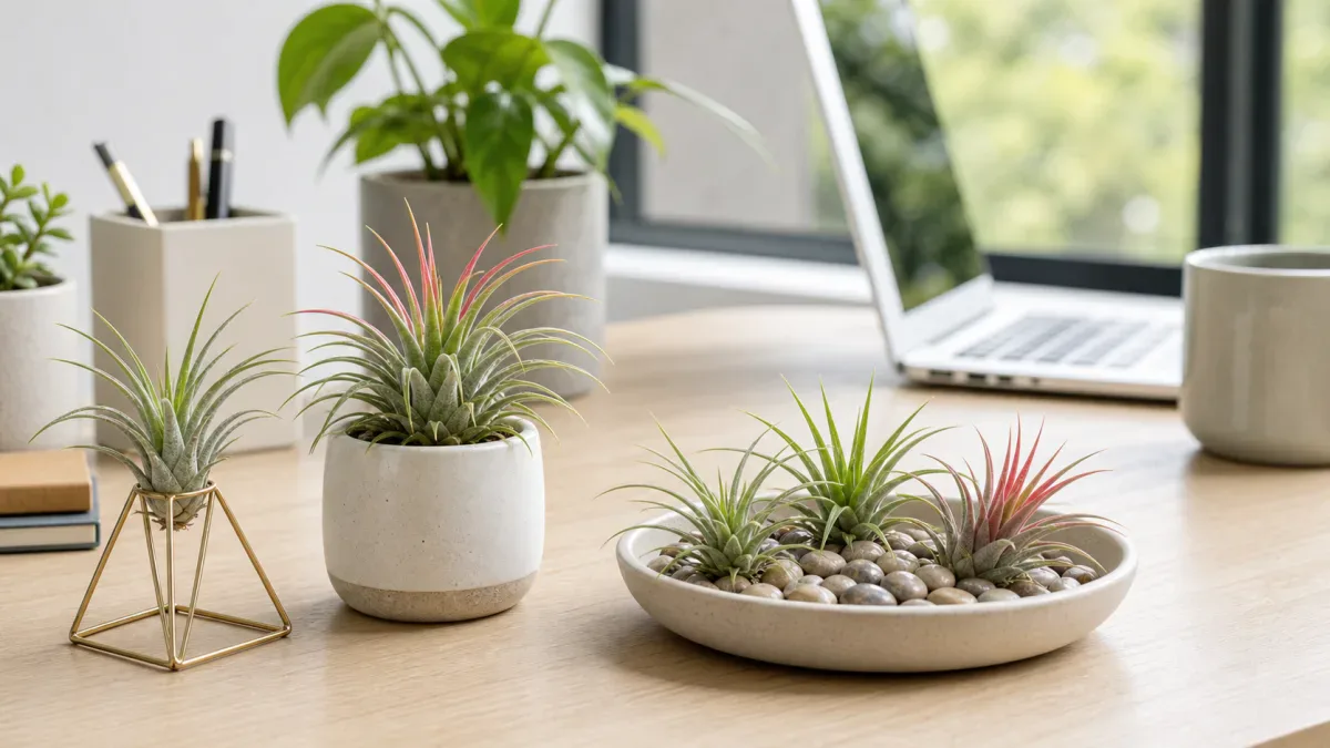 Air plants in open desk holders on a bright workspace