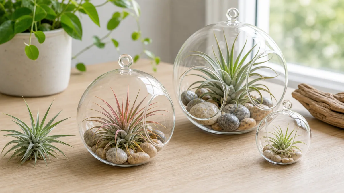 Air plants displayed in open glass globes with dry stones