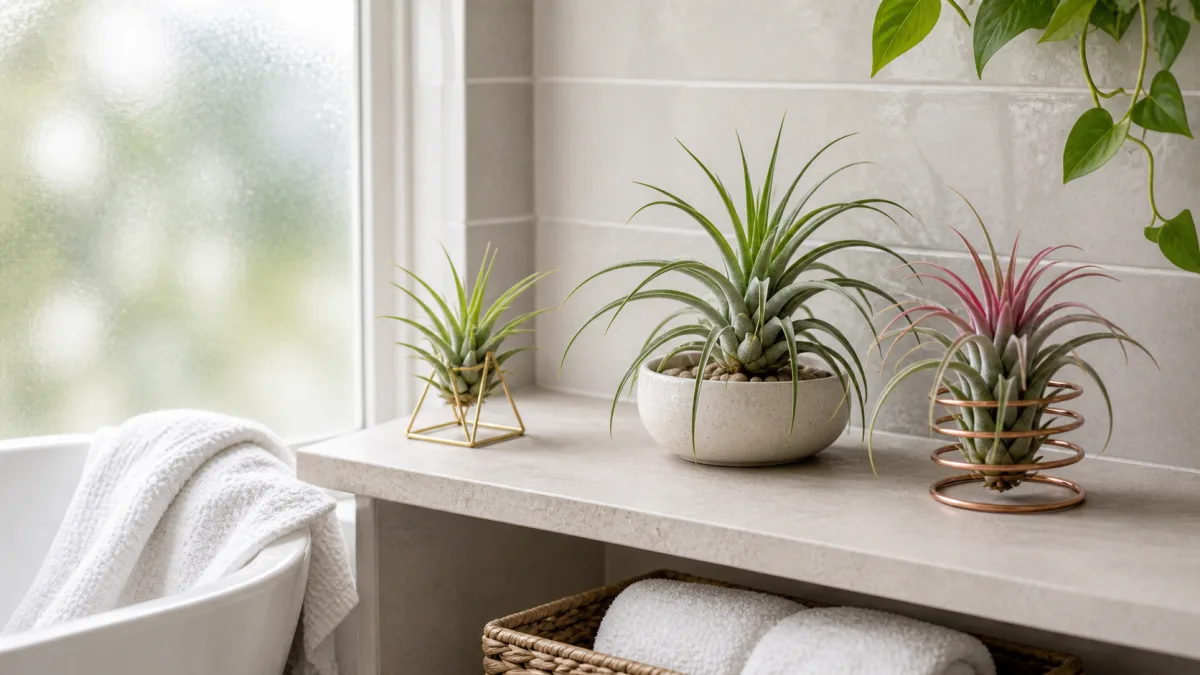 Air plants in an open humid-room display with bright filtered light