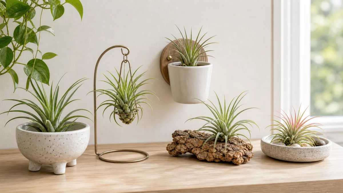 Safe air plant holders arranged on a bright tabletop near a window