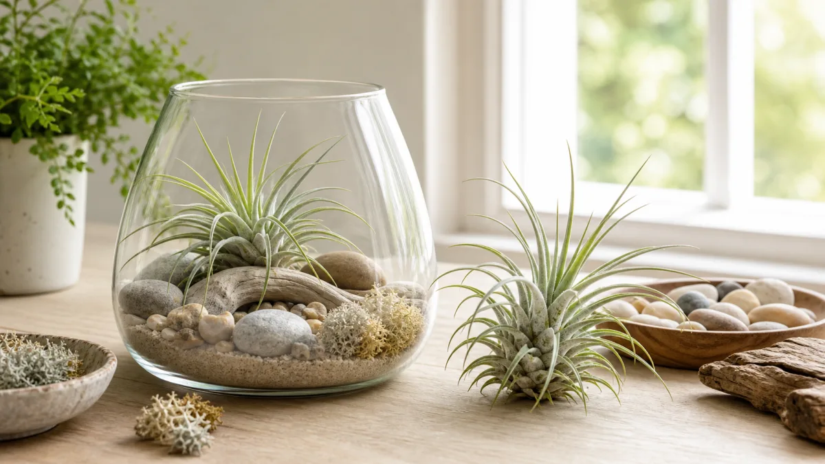 Open glass terrarium with dry stones and removable air plants