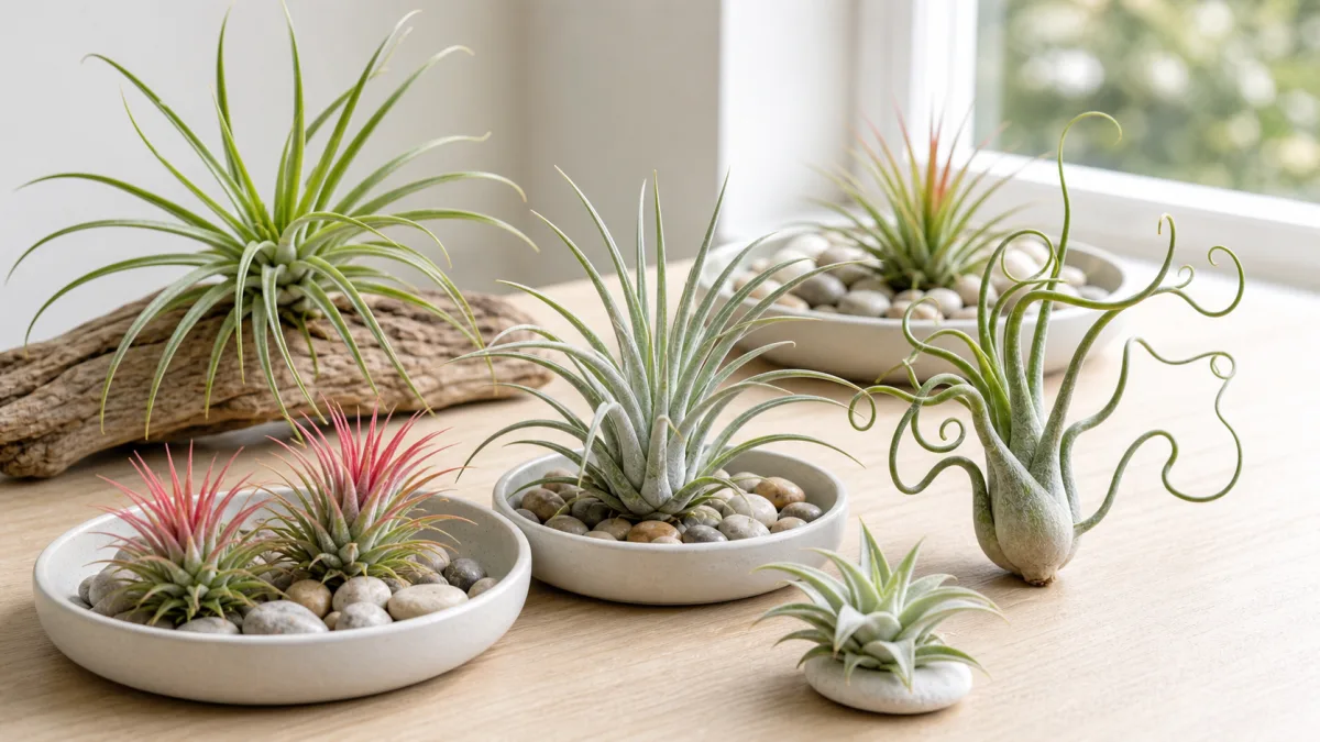 Beginner-friendly air plants of different shapes arranged in open dishes