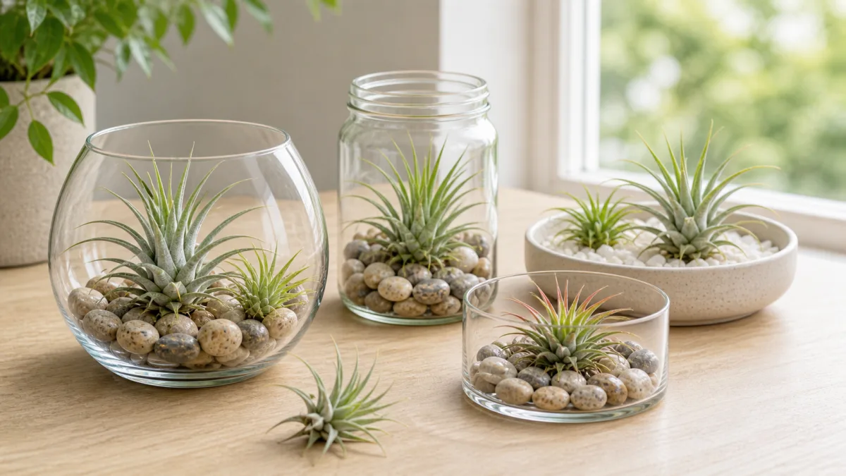 Open glass and ceramic containers for air plant terrariums