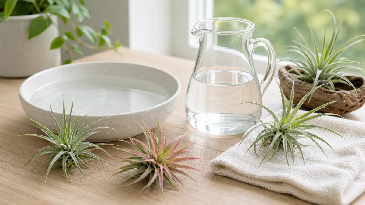 Air plants beside a clear water bowl, glass pitcher, and drying towel