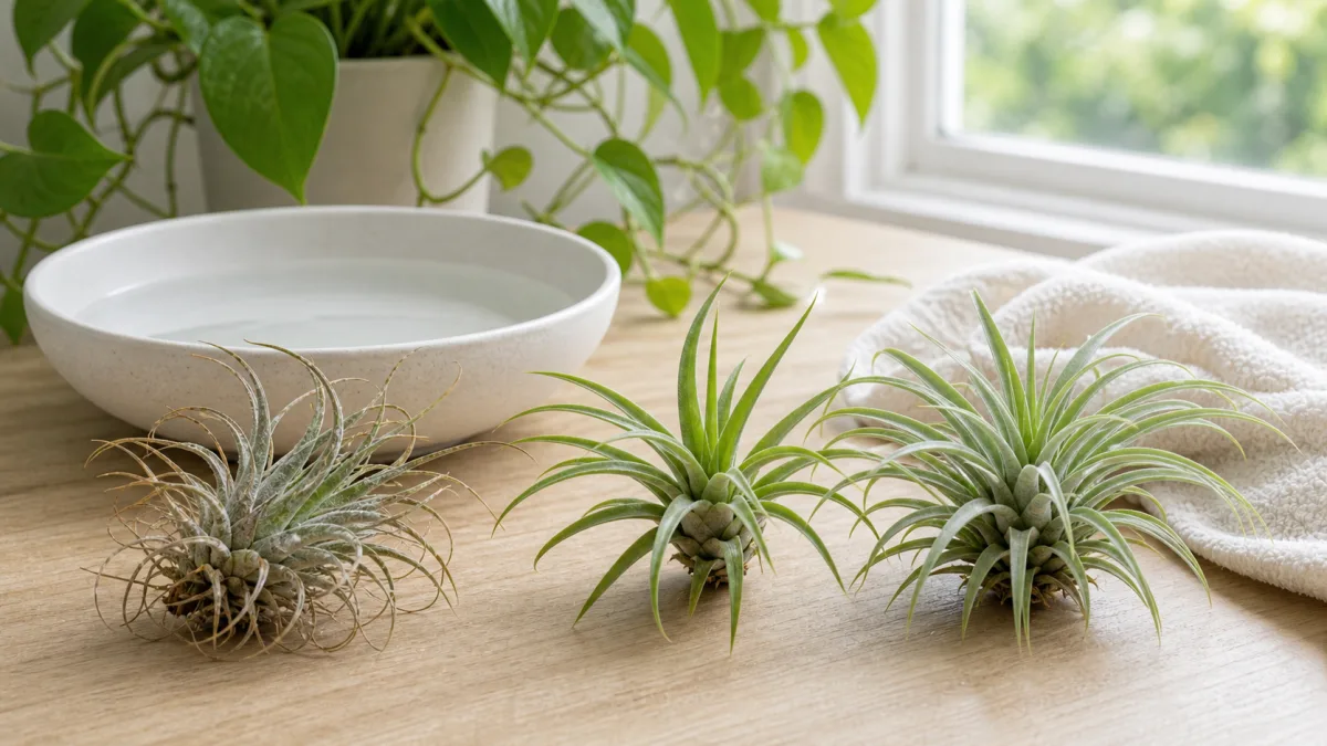 Dry air plant compared with healthier plants near a water bowl