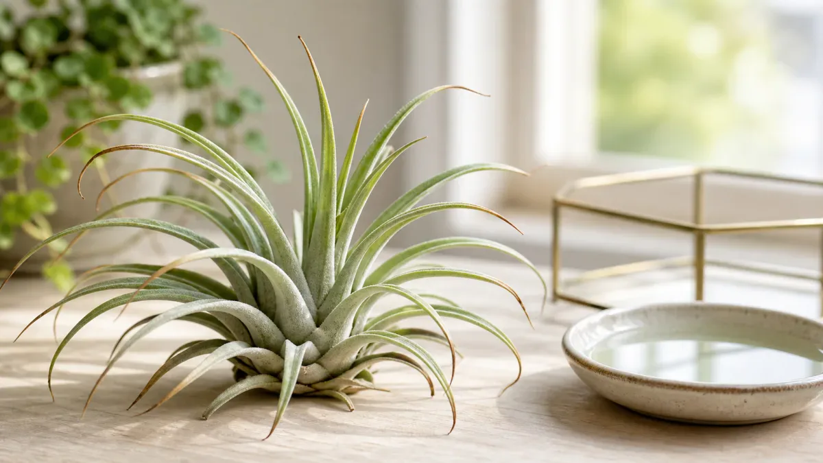 Air plant with subtle brown leaf tips beside a water dish in bright light