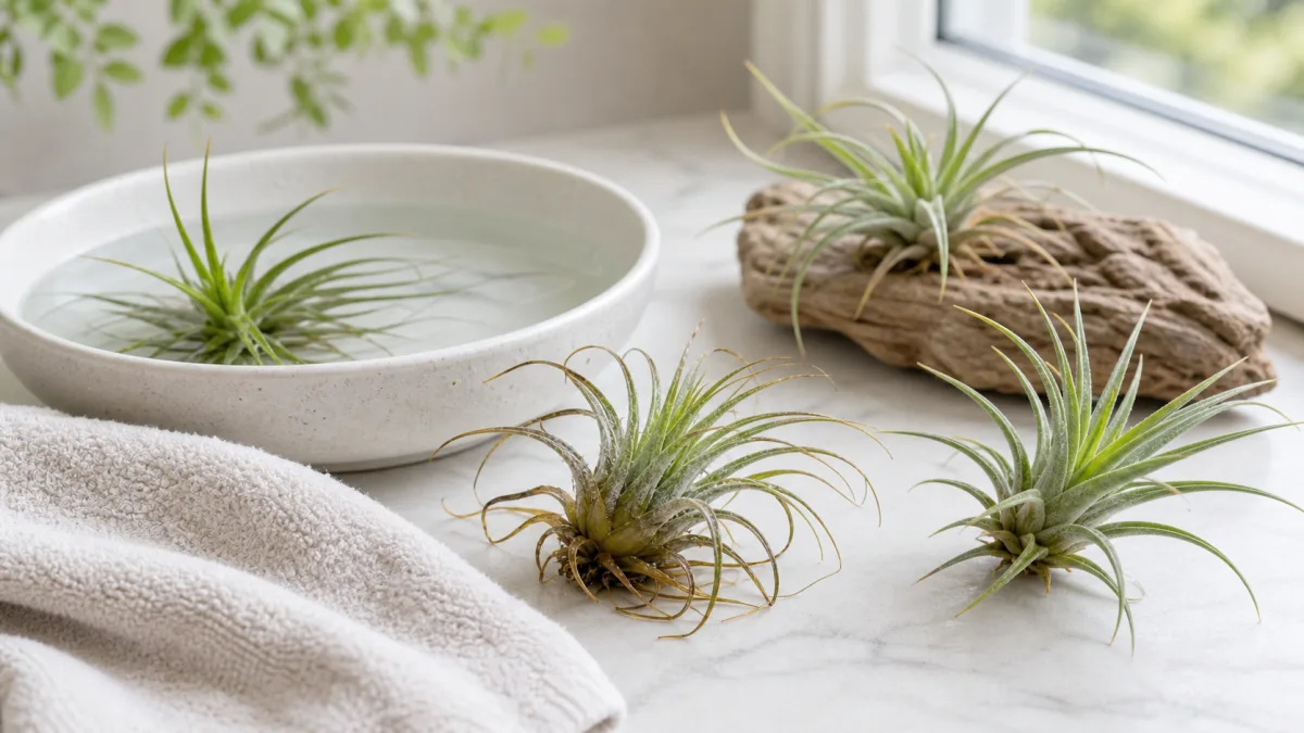 Air plants near a water bowl and towel with one plant showing moisture stress