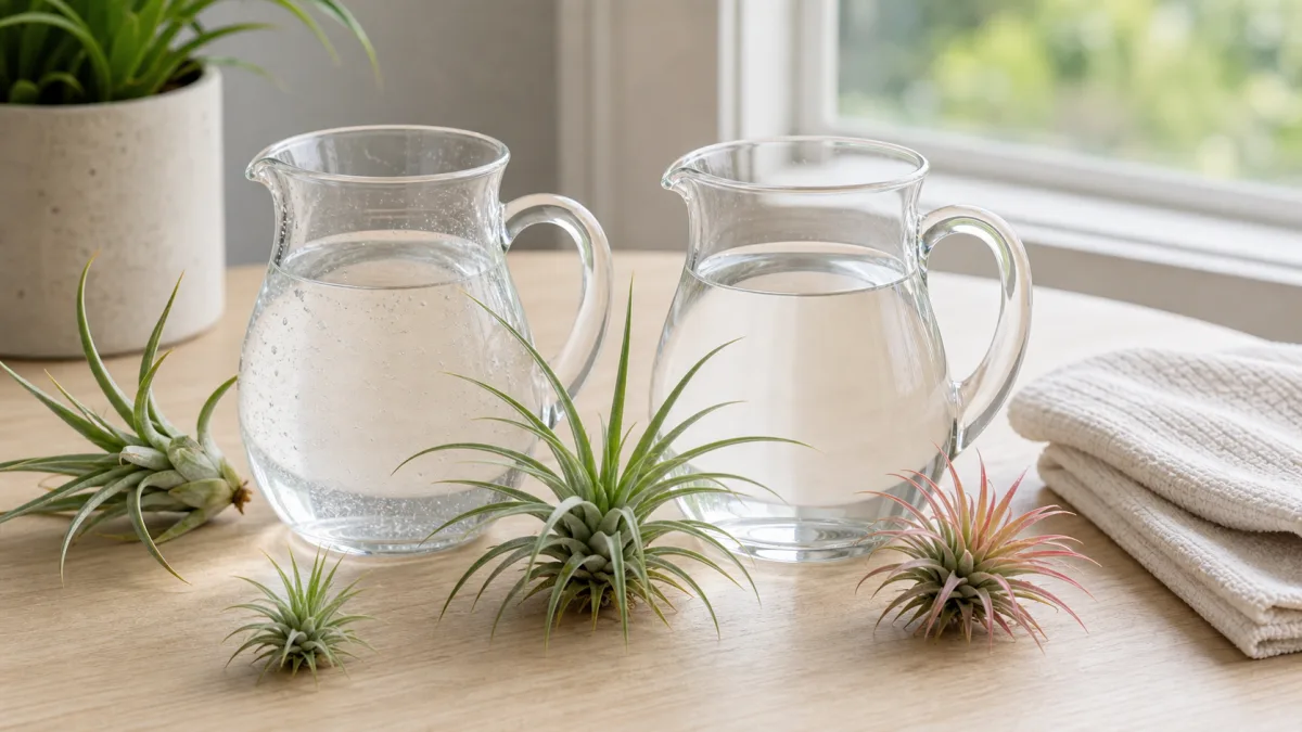 Air plants beside two clear water pitchers and a drying towel