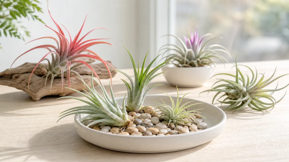 Air plants displayed above dry pebbles without potting soil