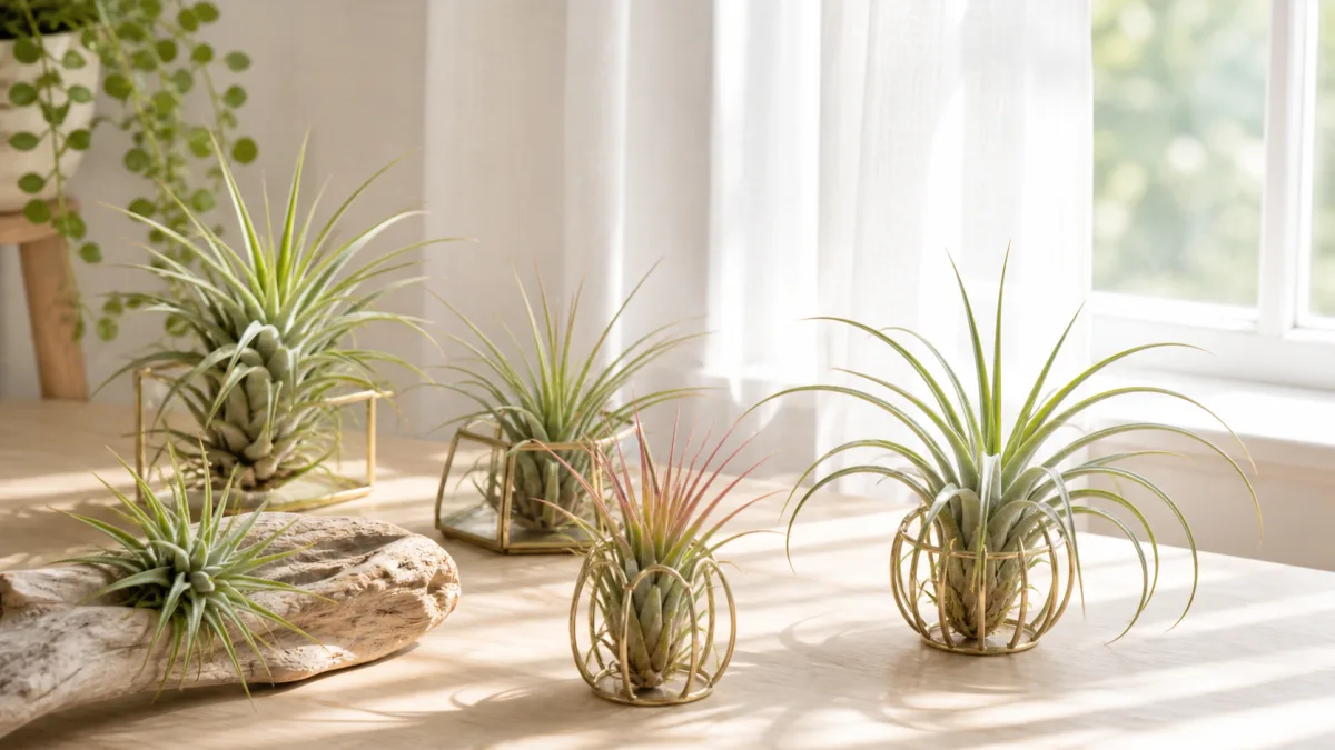Air plants in open holders near a bright window with soft filtered light