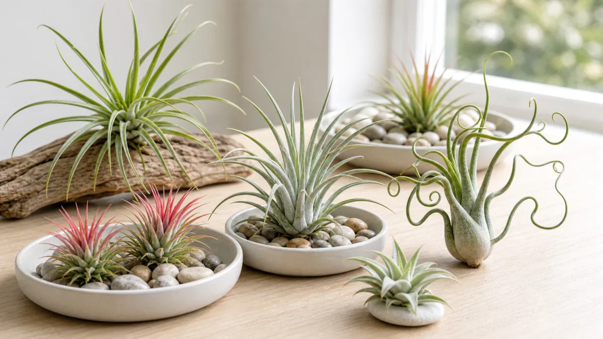 Beginner-friendly air plants of different shapes arranged in open dishes