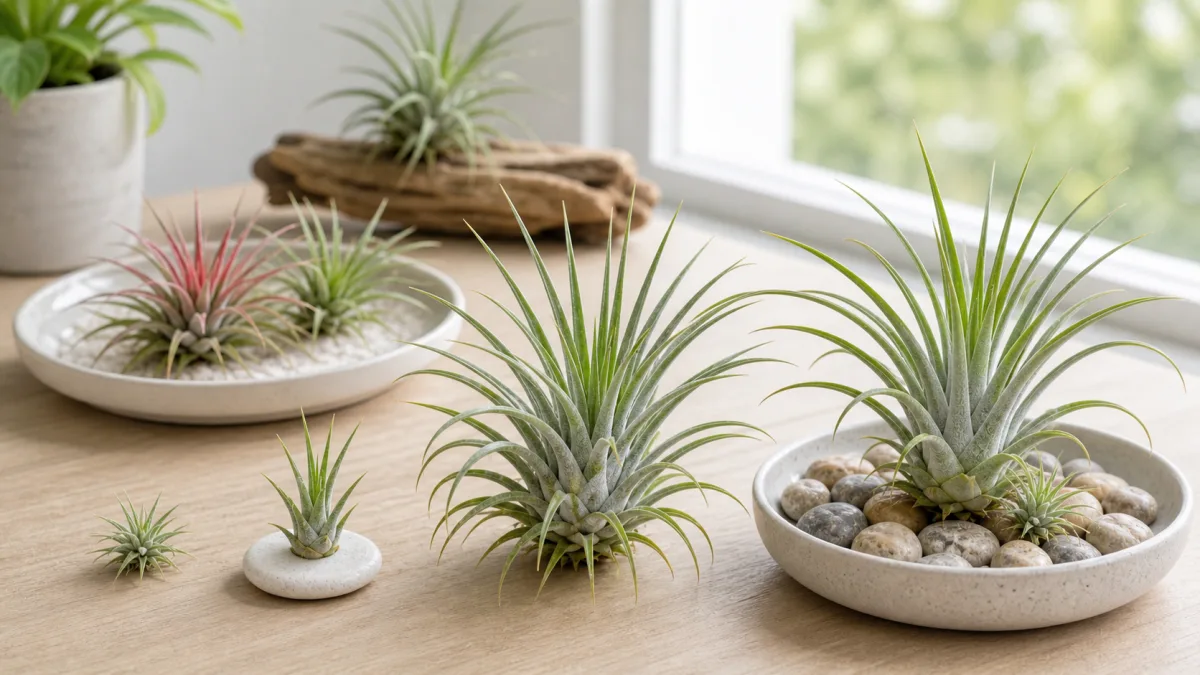 Air plants at different life stages arranged in open dry dishes
