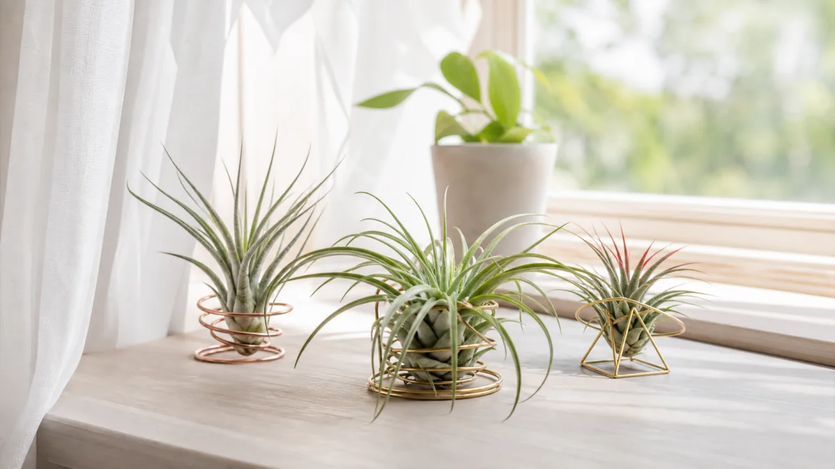 Air plants in open holders near a bright window with filtered light