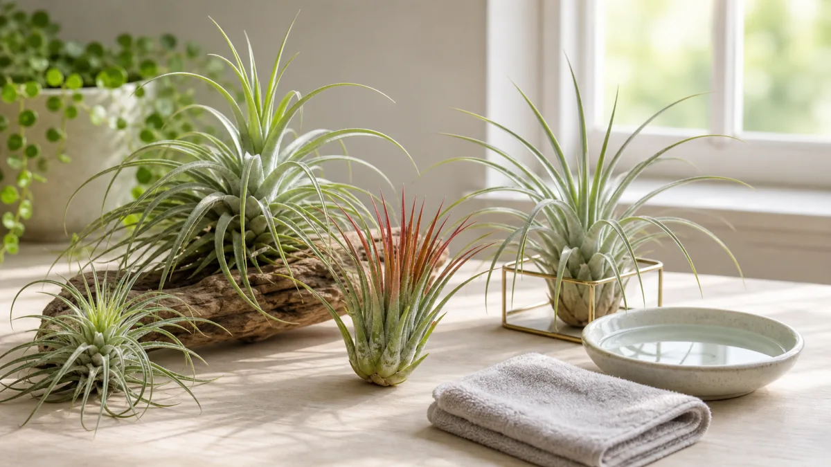 Air plants beside a shallow water bowl and towel for drying