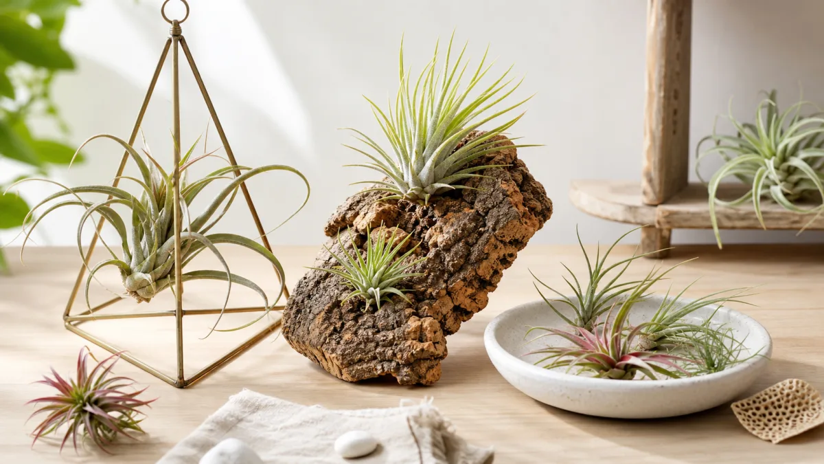 Air plants arranged in open holders, cork bark, and a shallow dish
