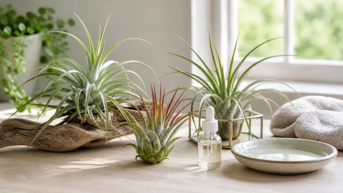 Air plants beside a small unlabeled dropper bottle, water bowl, and towel