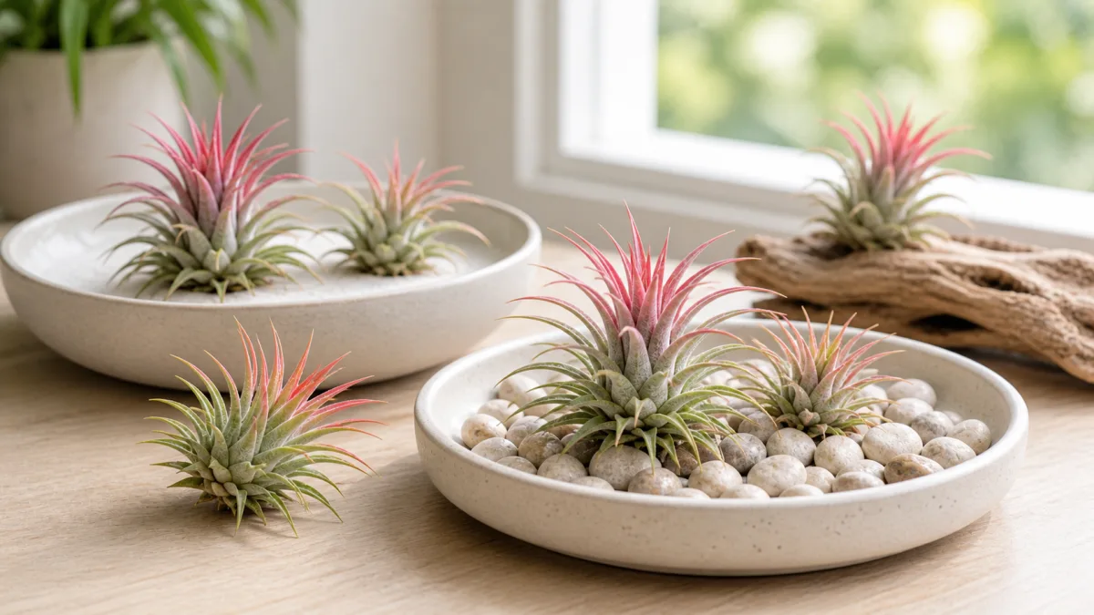 Small air plants and propagation materials arranged in bright indirect light