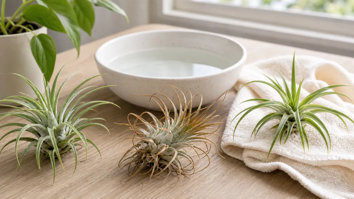Stressed air plant beside healthy plants, a water bowl, and a towel