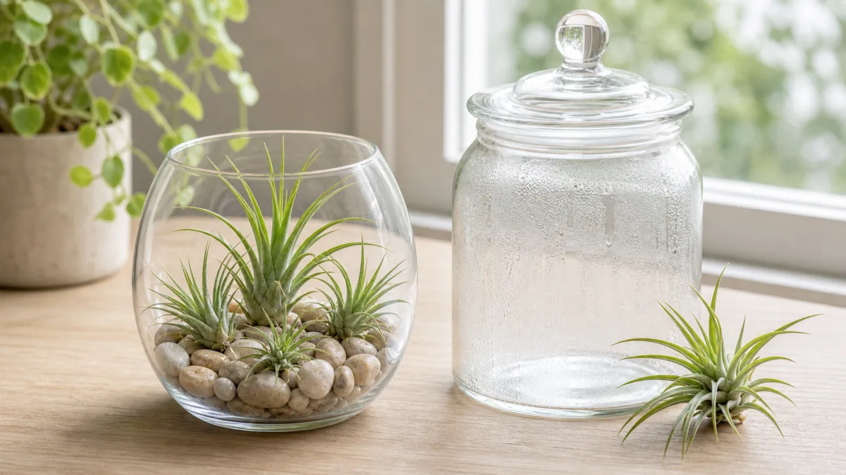 Open air plant terrarium beside a closed glass jar with condensation