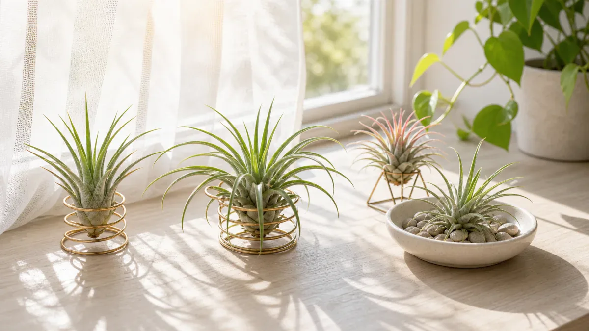 Air plants in open holders near a bright sheer-curtained window
