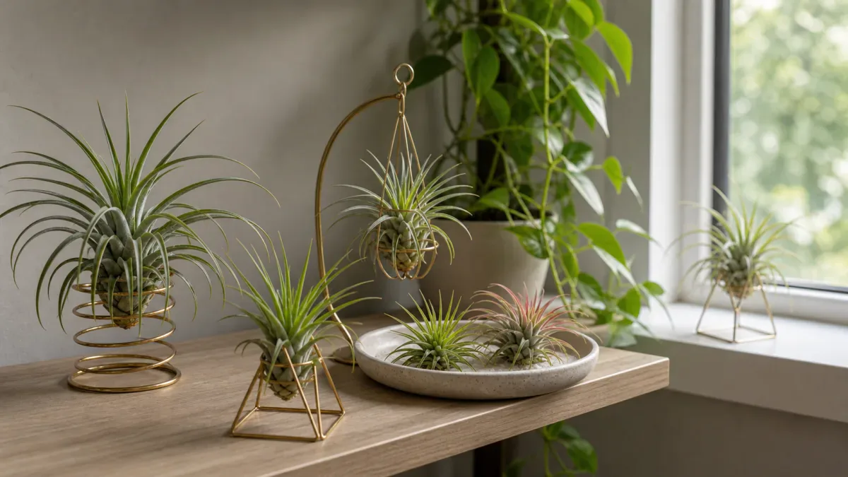 Air plants on an indoor shelf set back from a bright window