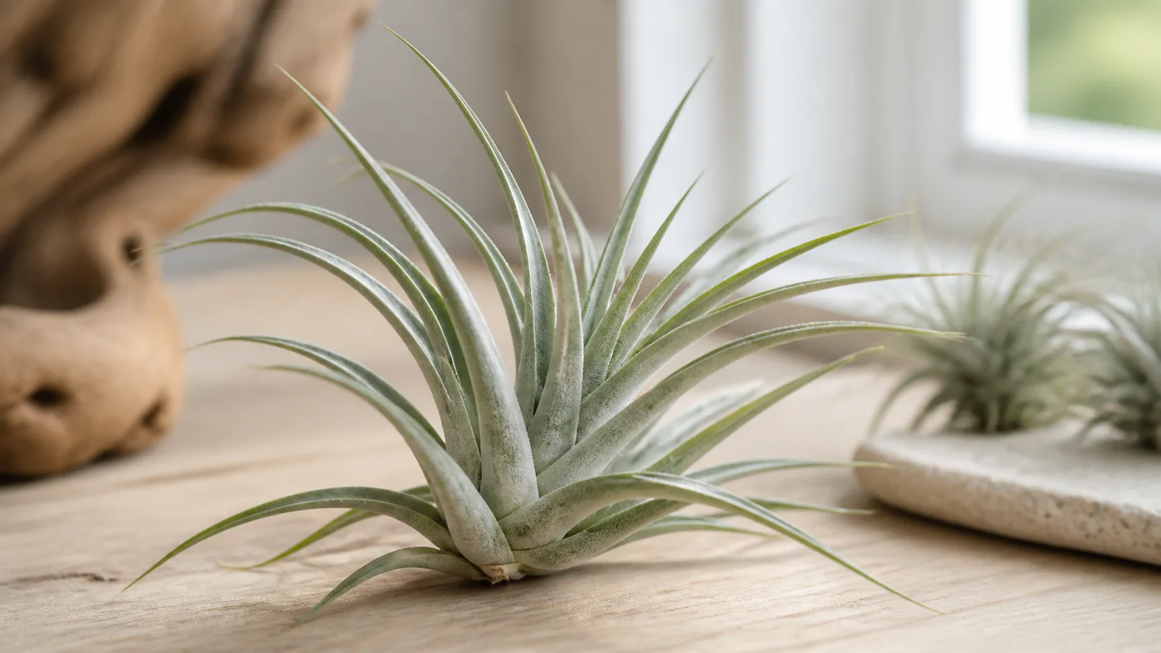 Silvery green Tillandsia harrisii air plant in bright indoor light