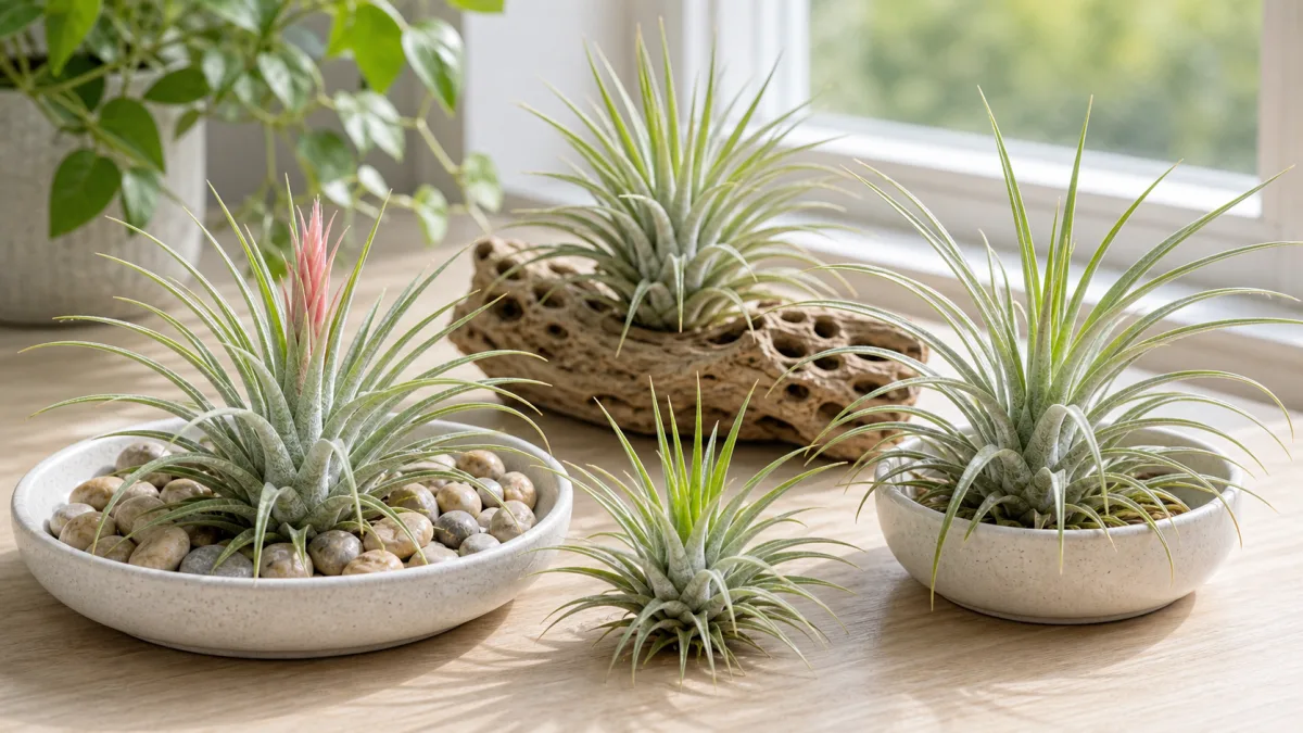 Tillandsia stricta plants with upright silvery green leaves in open dishes