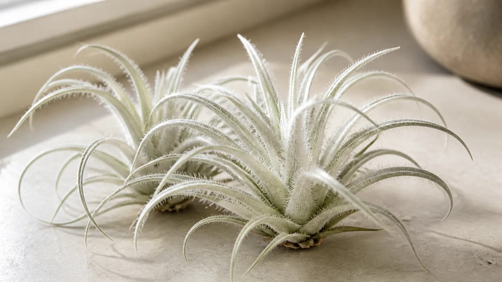 Fuzzy white Tillandsia tectorum air plants in bright indirect light