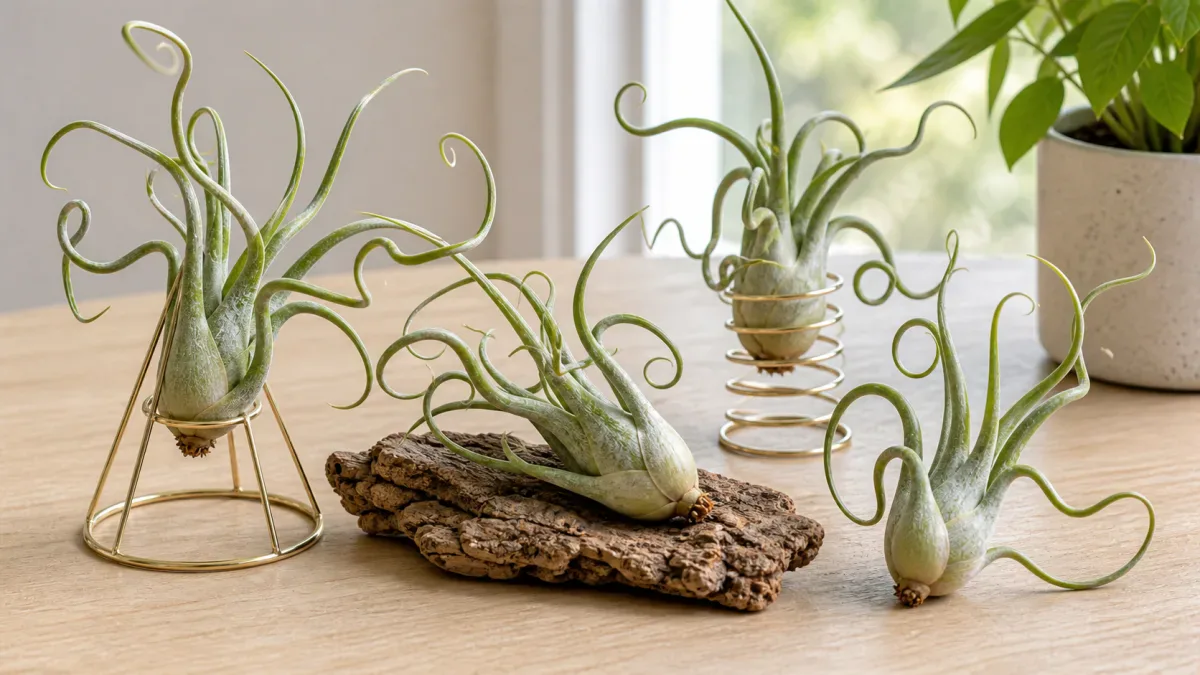 Curled Tillandsia plants in open holders near bright window light