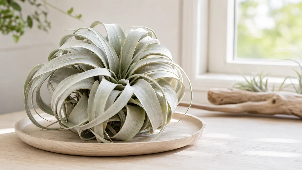Large silvery Tillandsia xerographica displayed in an open shallow dish