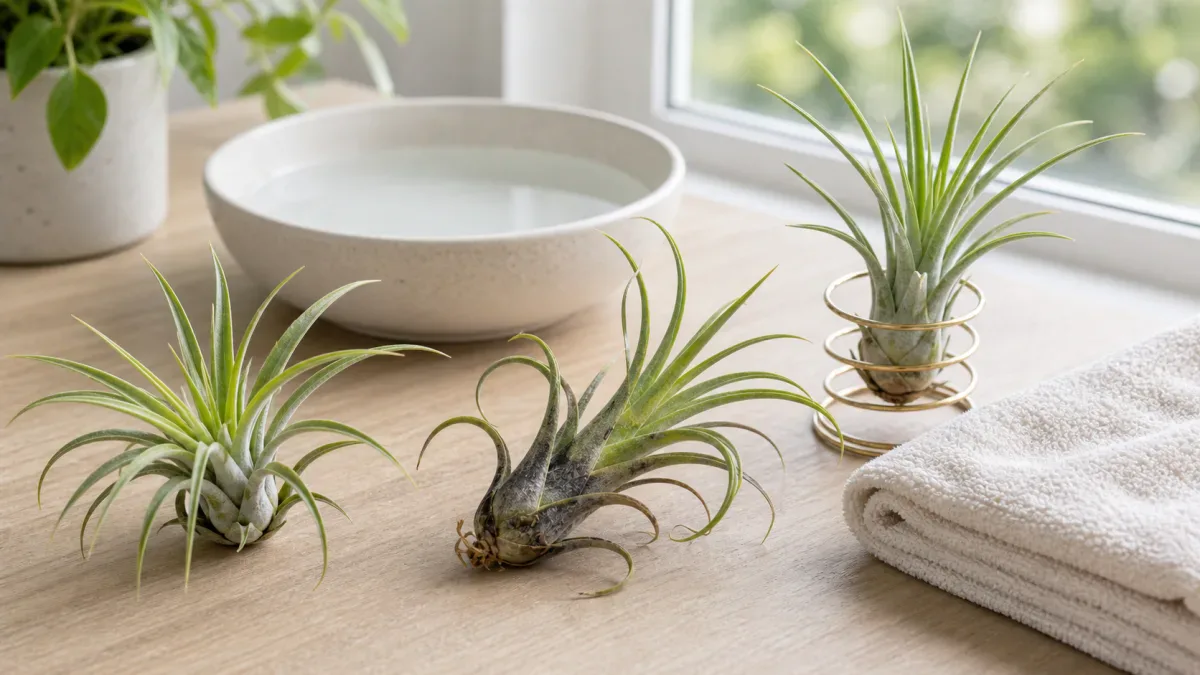 Air plant with dark soft-looking lower leaves beside healthy comparison plants